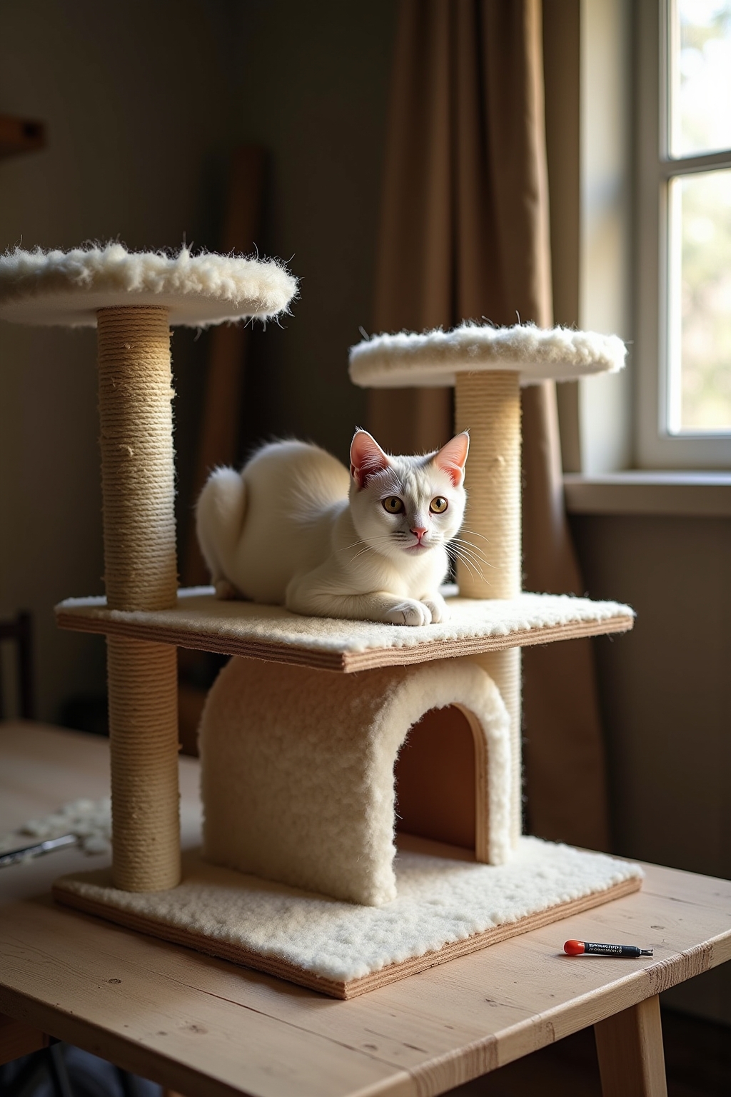 Materialien für den Katzenbaum: Holzplatten, Sisalseil und Stoff
