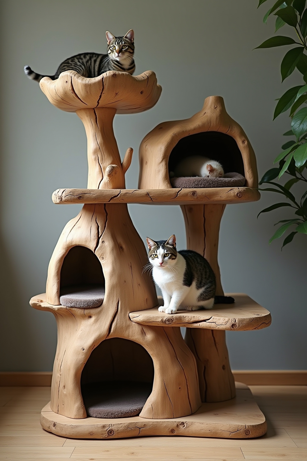 Katzenbaum aus Echtholz mit Naturstamm und rustikalem Charme
