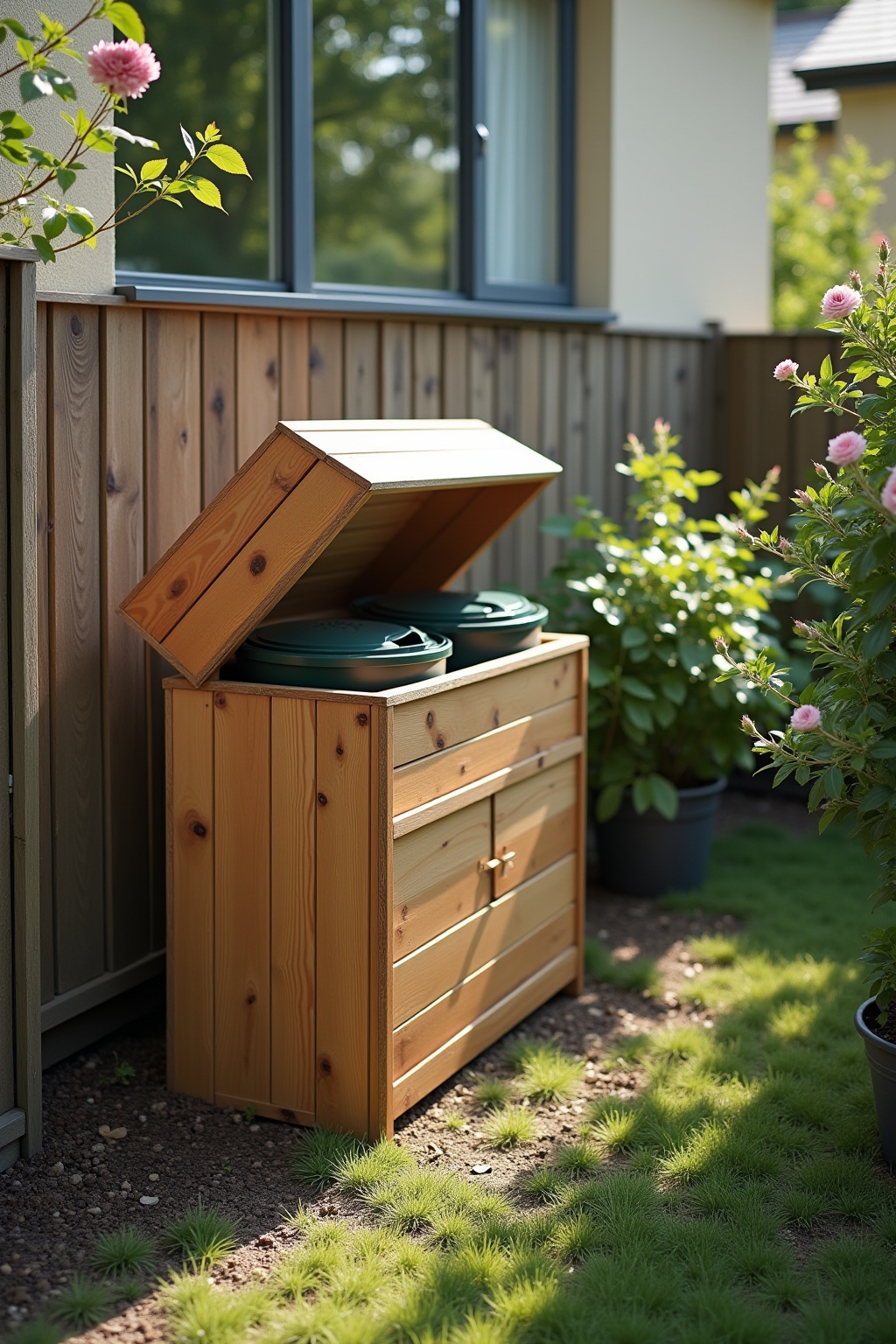 Selbstgebaute Mülltonnenbox aus Holz für mehr Ordnung vor dem Haus