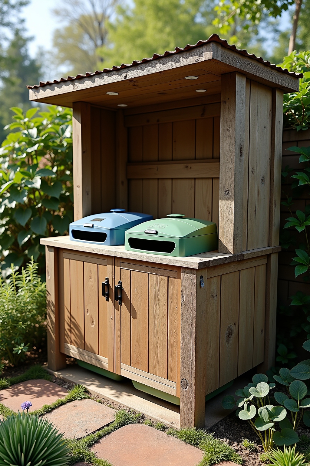 Kreative Designs für Mülltonnenboxen mit Holzlamellen und Begrünung