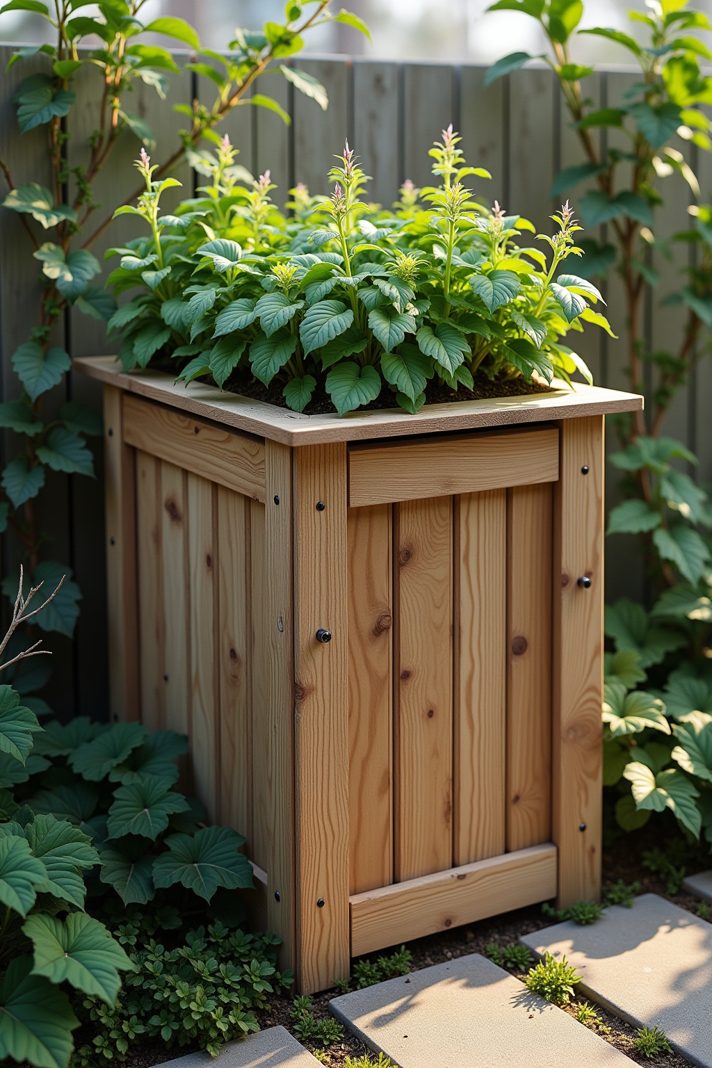 Mülltonnenbox mit begrüntem Pflanzdach als Gartenbiotop