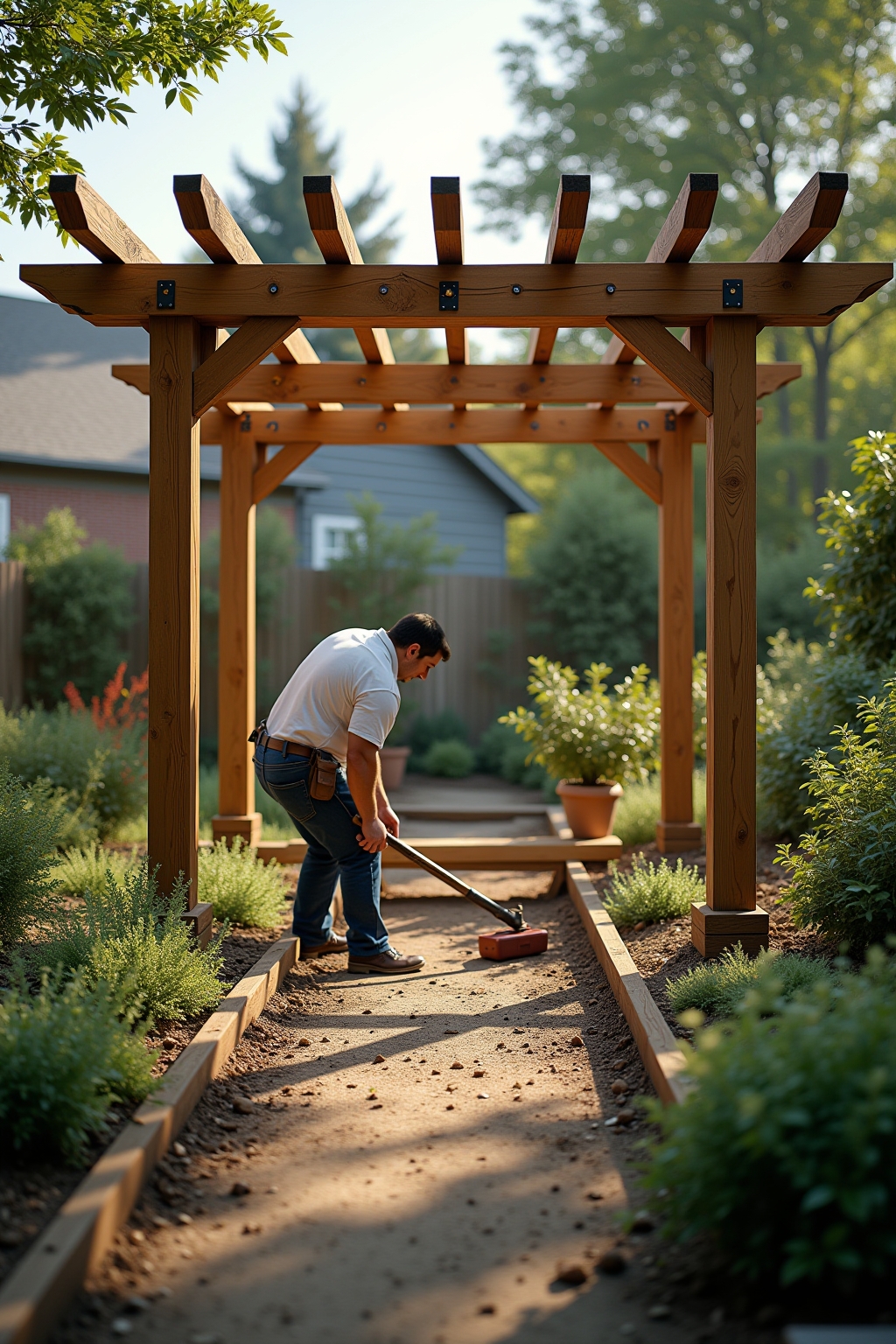 Fundament für eine Pergola mit Pfostenträgern vorbereiten