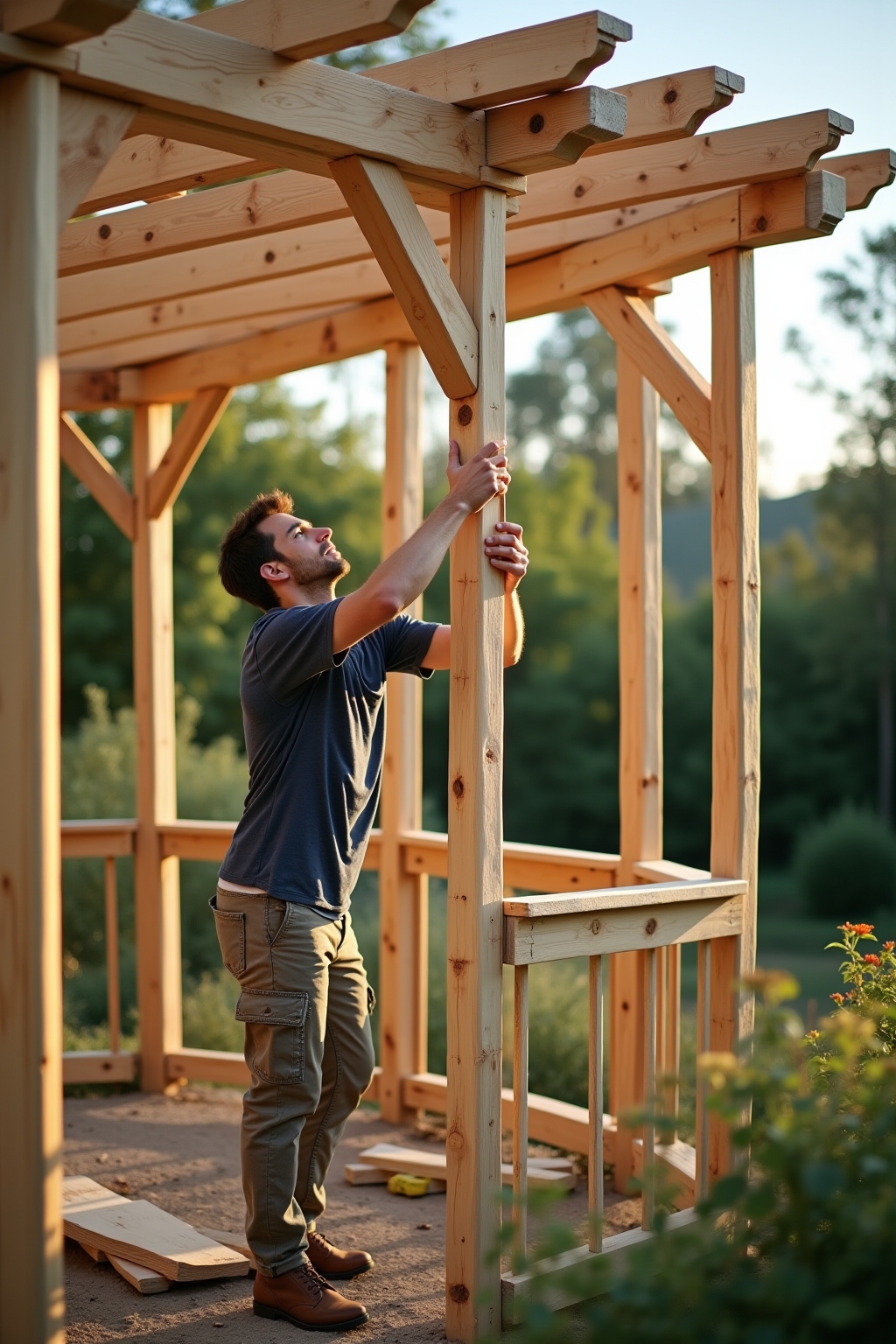 Rahmen und Stützpfeiler einer Pergola aus Holz aufbauen