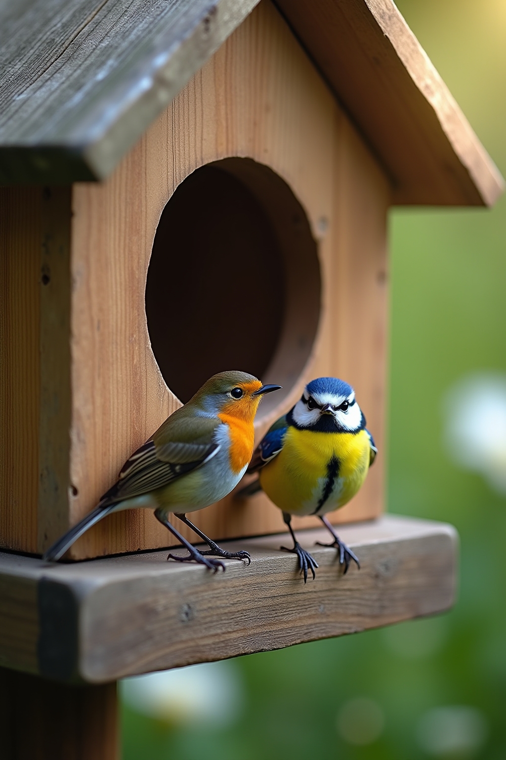 Heimische Vogelarten wie Meise und Rotkehlchen am selbstgebauten Vogelhaus