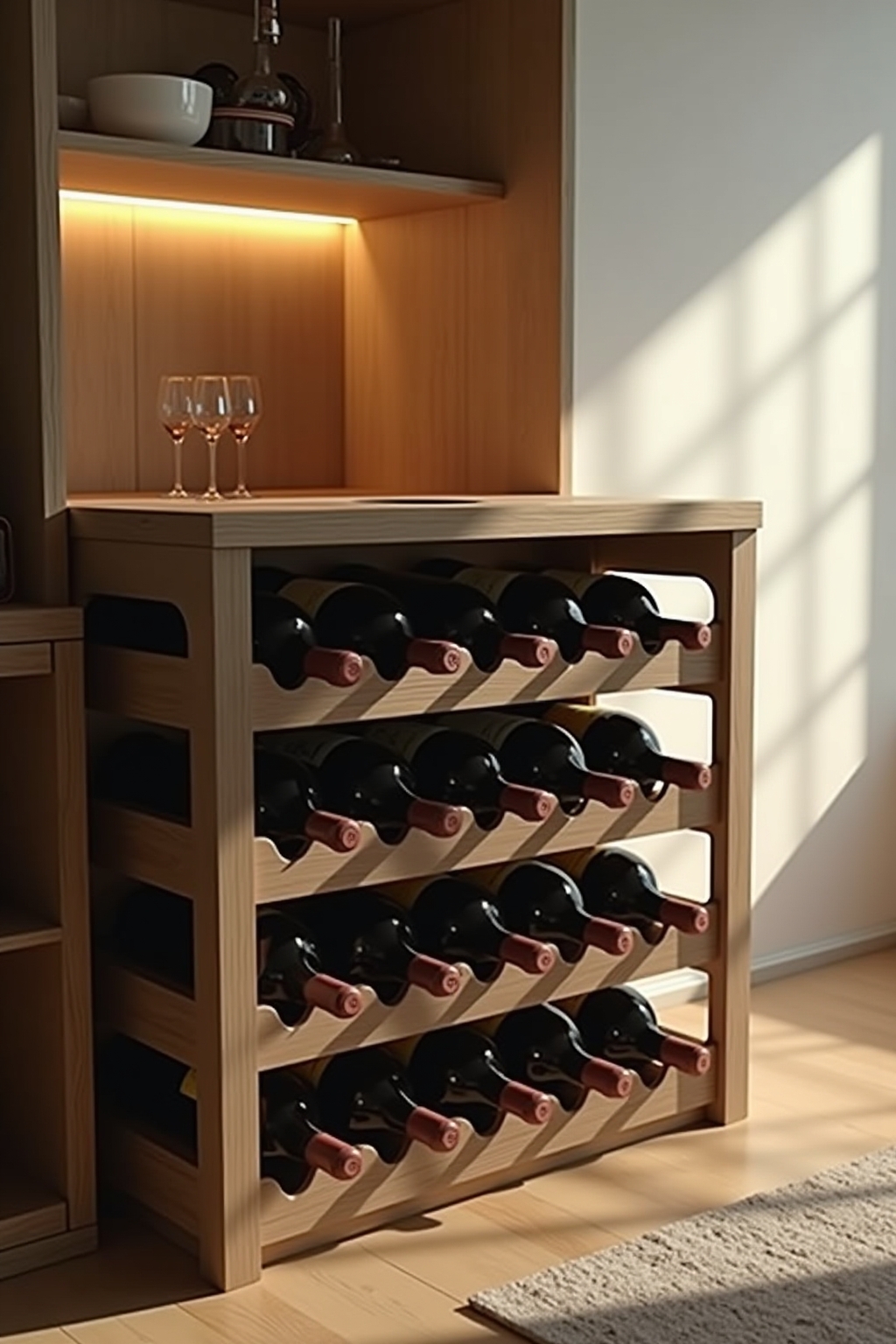 Platzsparendes vertikales Weinregal für kleine Räume an der Wand