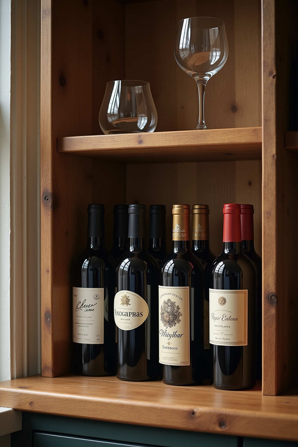 Stilvoll dekoriertes selbstgebautes Weinregal mit Gläsern und Beleuchtung